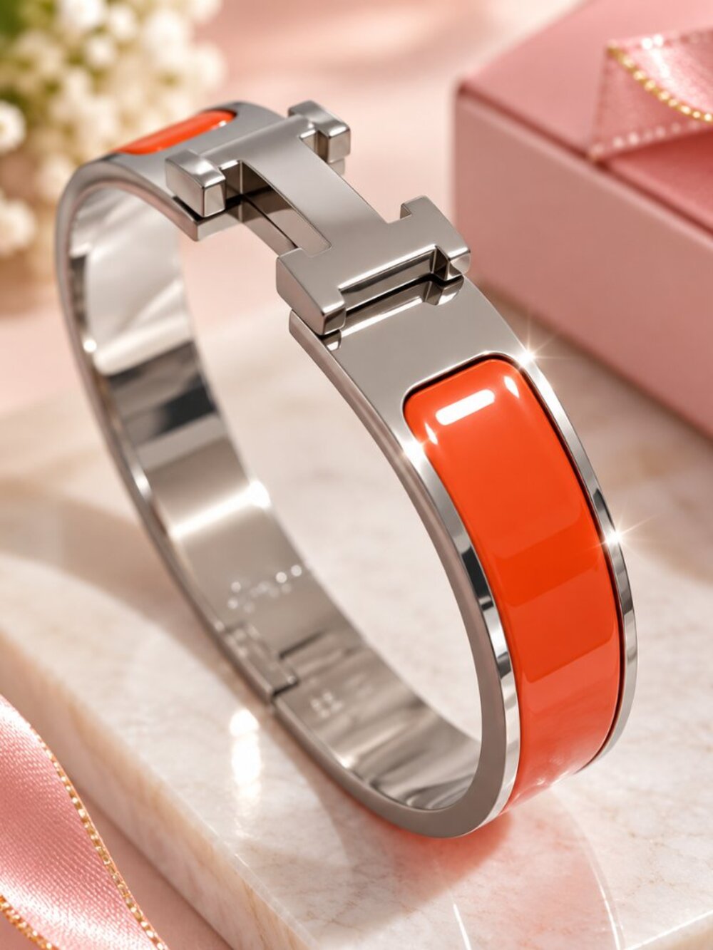 Hermes Clic H Silver and Orange Bracelet